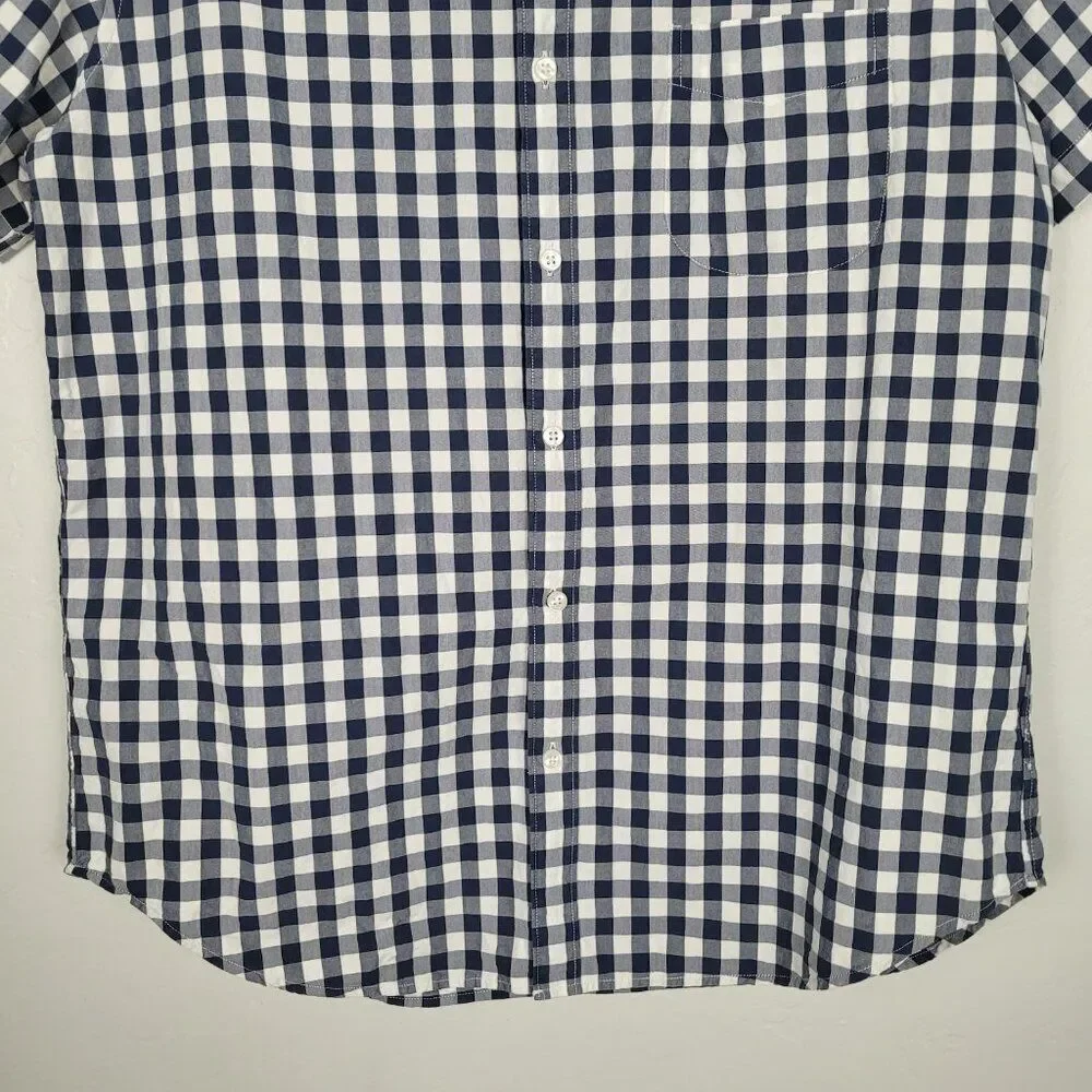 J. Crew Button Down Shirt Short Sleeve Classic Cotton Gingham Blue White Size L